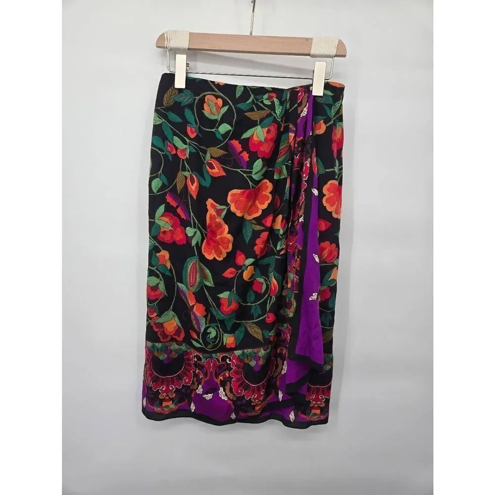 Vintage Silk Skirt Size 8 Floral Tropical Faux Wrap